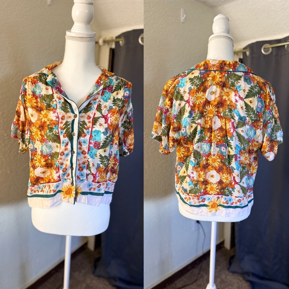 Moxy Collective Anthropologie Floral Button Down Shirt Modal Short Sleeve Med